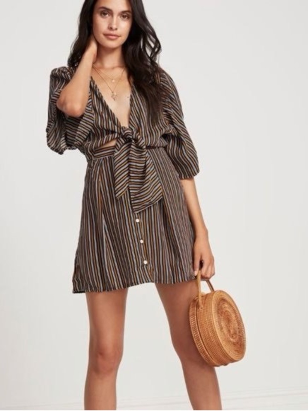Faithfull the Brand Navy, Mustard and White Striped Dress